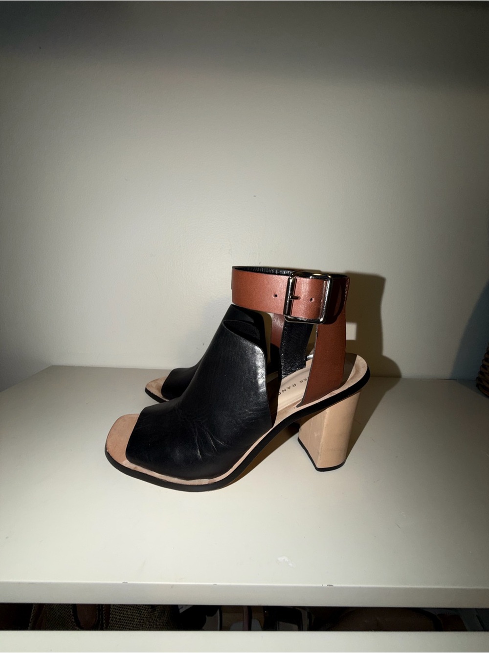 Loeffler Randall Black Cognac Leather Block Heel Sandals 8.5